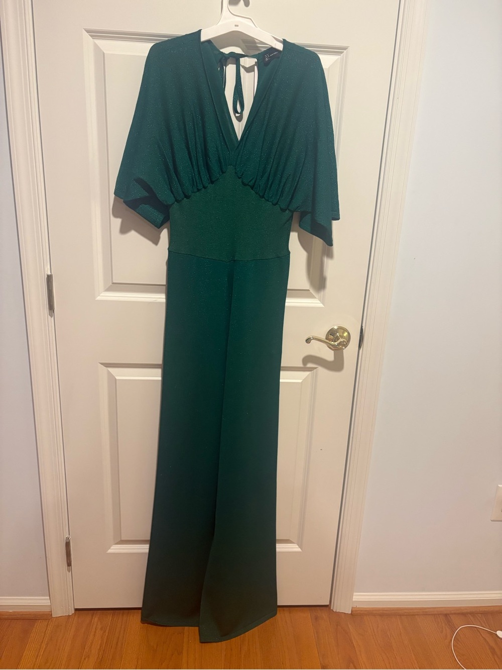New York & Company Deep Green V-Neck Wide-Leg Jumpsuit